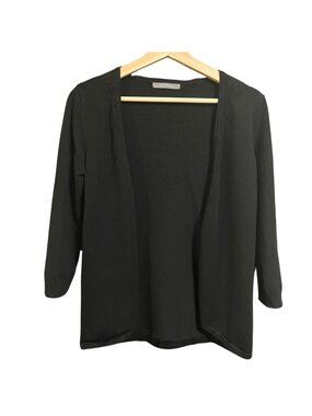 Black Open Front ¾ Sleeve Cardigan w Geometric Knit Back Detail – Suzy Shier, XS